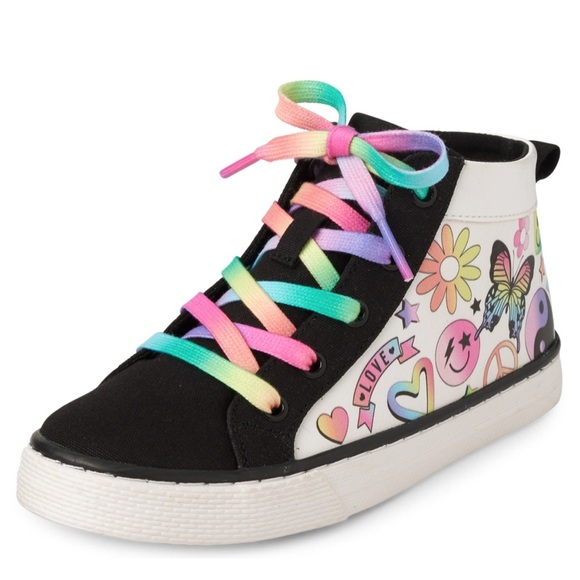 💜 Girls Doodle Canvas High Top Sneakers - Multi cIr - Picture 1 of 2